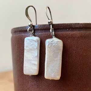Vintage Rectangle Biwa Pearl Pendant Dangle Earrings